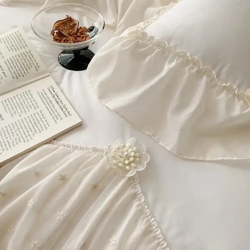 French princess white ruffled lace bedding set bedroom duvet cover