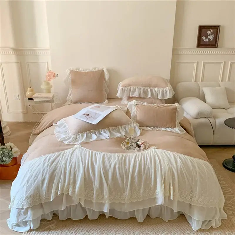 DecorBites™ French Princess Velvet Bedding Set, Queen Size with Lace Ruffles