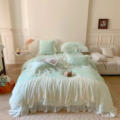 French princess white velvet ruffled bedding set bedroom lace trim