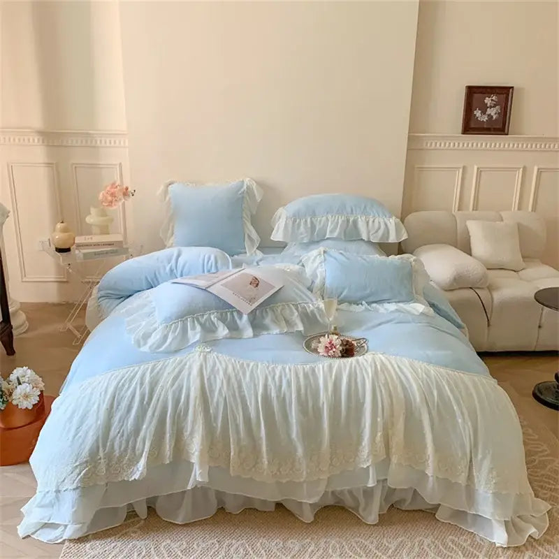 DecorBites™ French Princess Velvet Bedding Set, Queen Size with Lace Ruffles