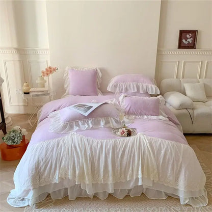 DecorBites™ French Princess Velvet Bedding Set, Queen Size with Lace Ruffles