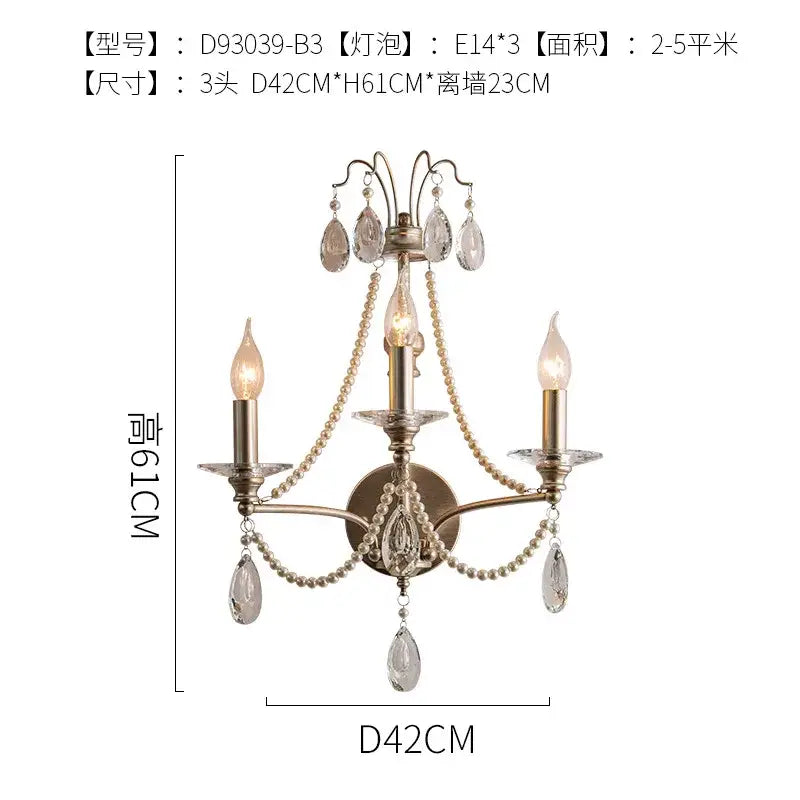 French retro antique brass crystal wall lamp living room sconce