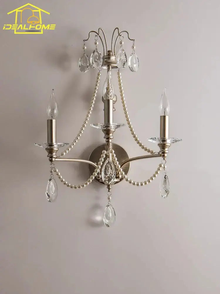 French retro antique brass crystal wall lamp living room sconce