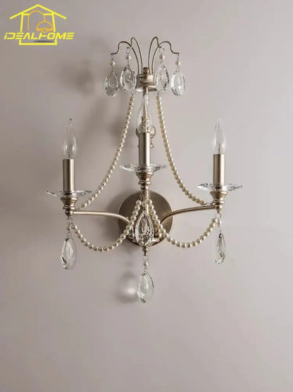 French retro antique brass crystal wall lamp living room sconce
