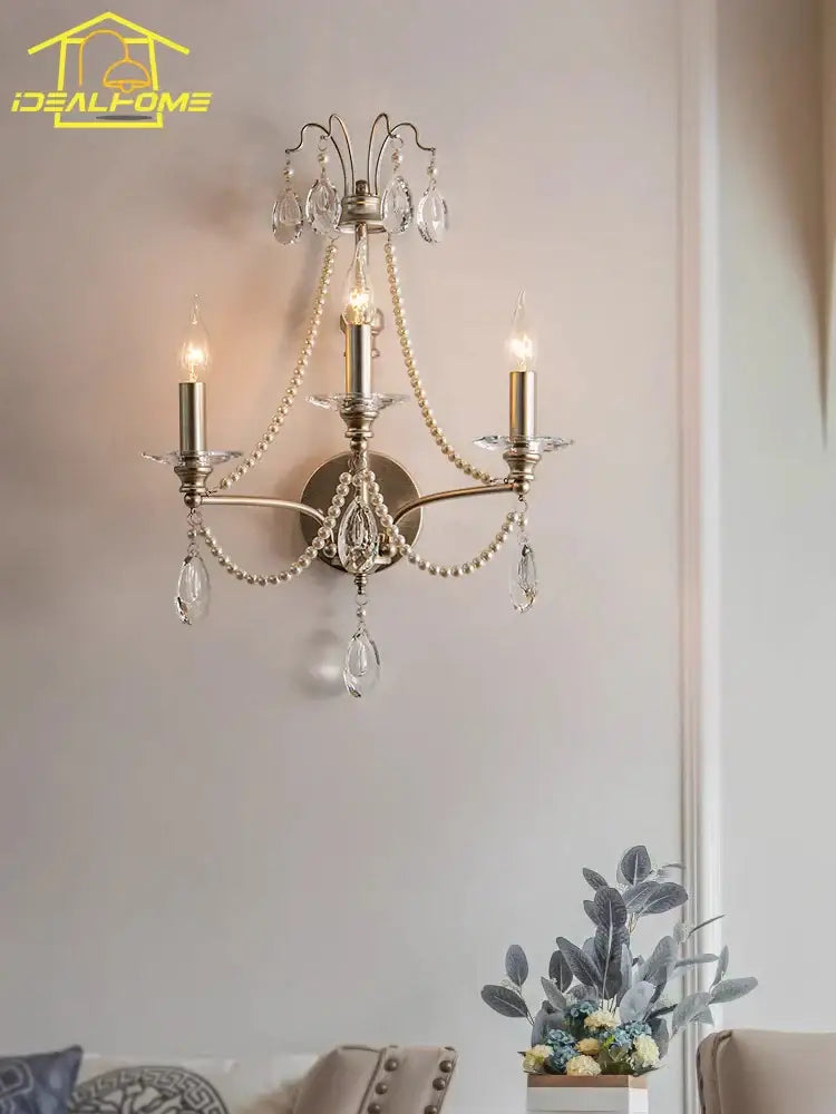 French retro antique brass crystal wall lamp living room sconce