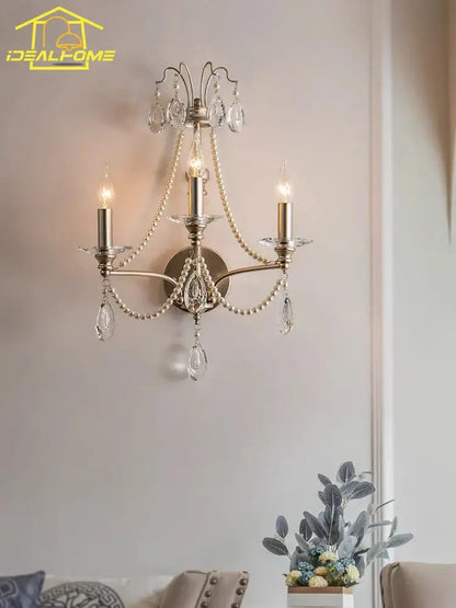 French retro antique brass crystal wall lamp living room sconce