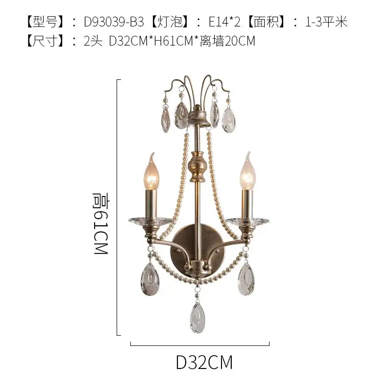 French retro antique brass crystal wall lamp living room sconce