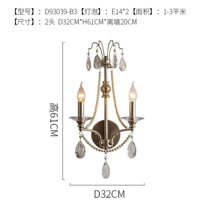 French retro antique brass crystal wall lamp living room sconce
