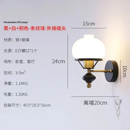 French retro brass and black wall lamp living room glass sconce