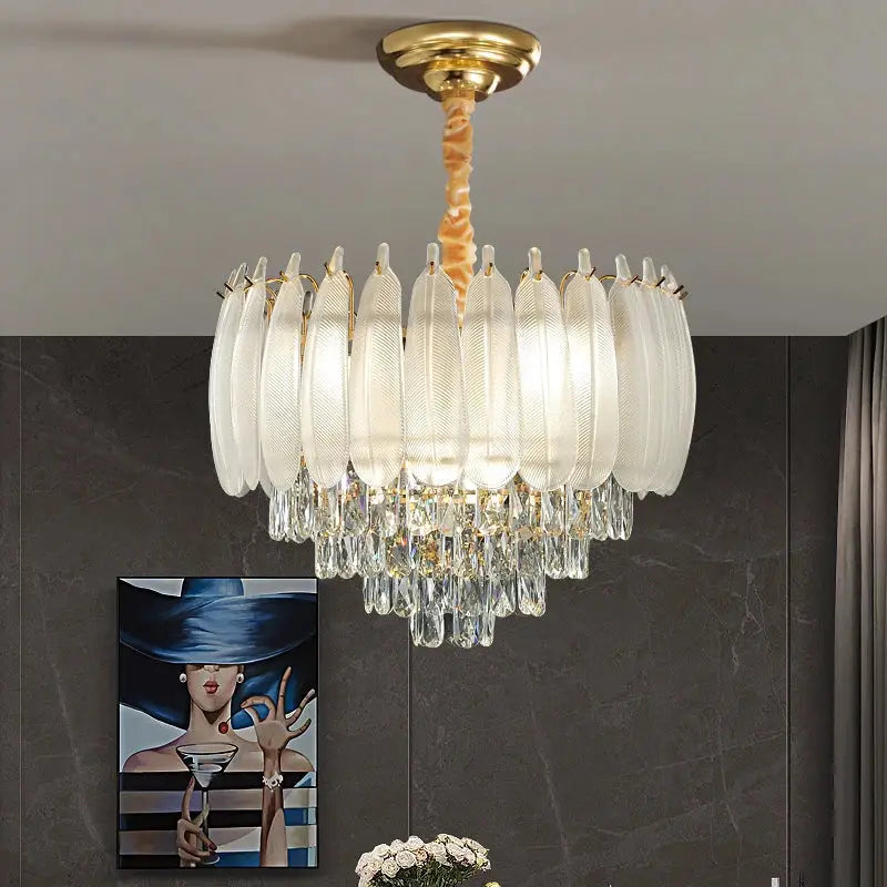 French retro gold crystal feather chandelier dining room light