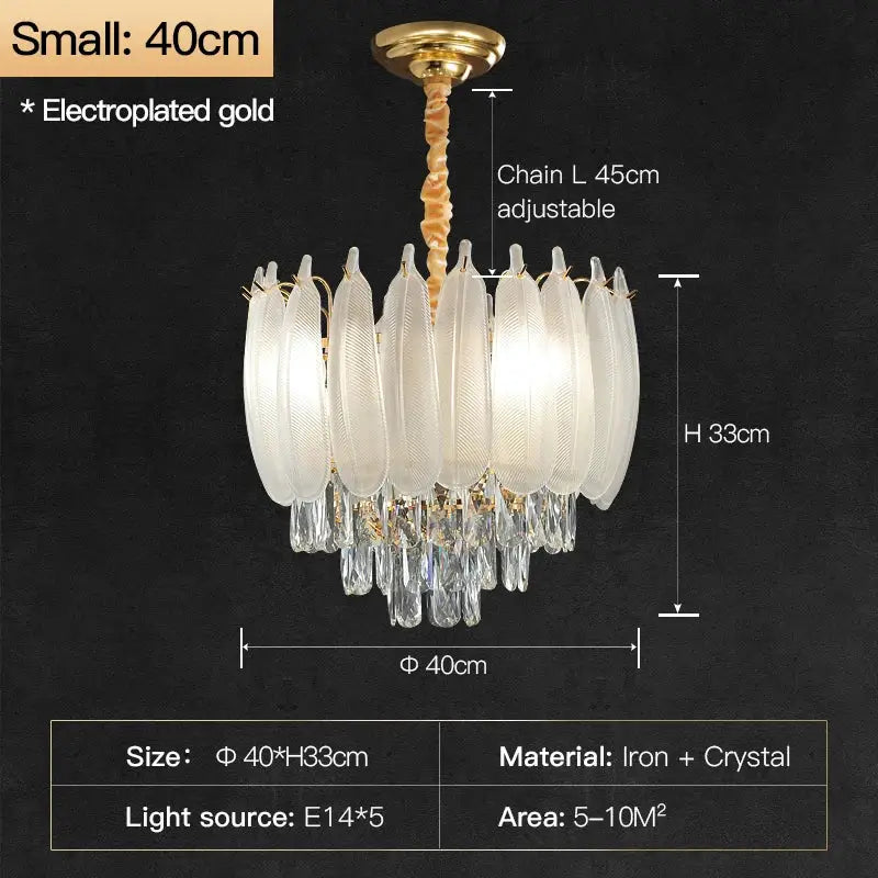 French retro gold crystal feather chandelier dining room light
