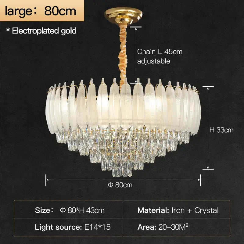French retro gold crystal feather chandelier dining room light