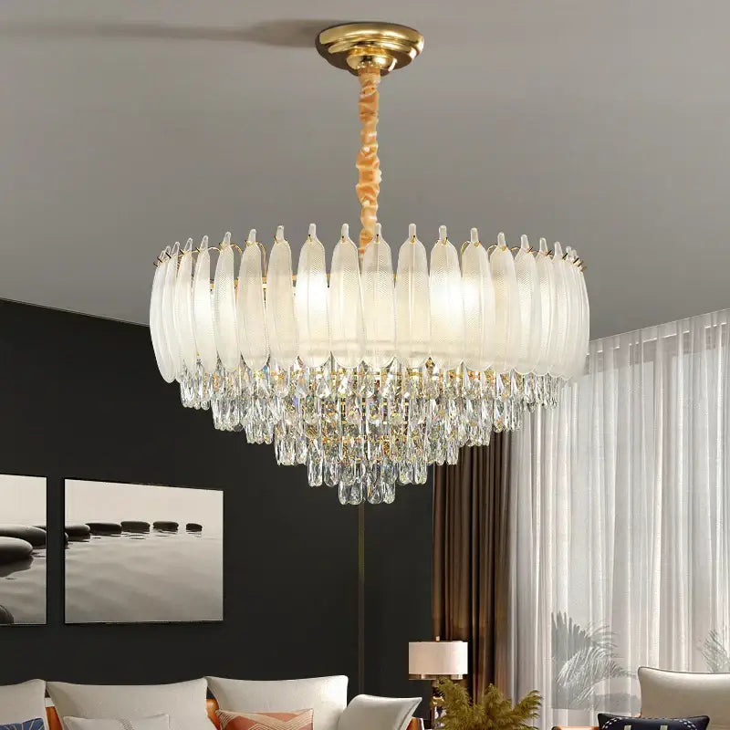 French retro gold crystal feather chandelier dining room light