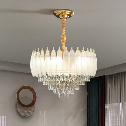 French retro gold crystal feather chandelier dining room light