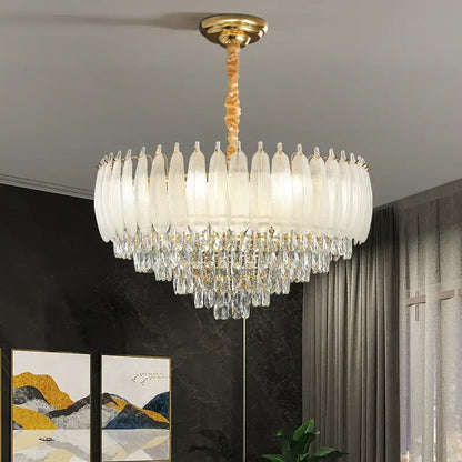 French retro gold crystal feather chandelier dining room light