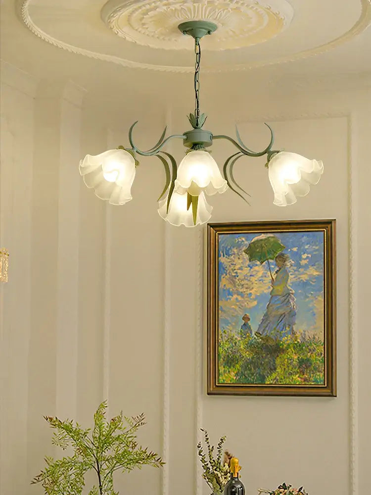French retro led flower chandelier green bedroom pendant light
