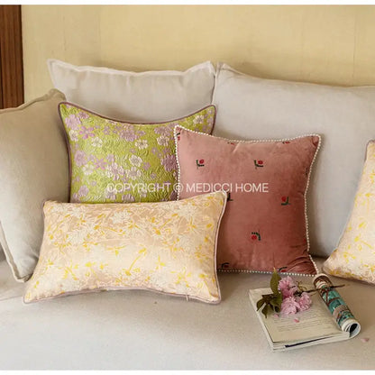 French retro light green camellia throw pillow – living room decor
