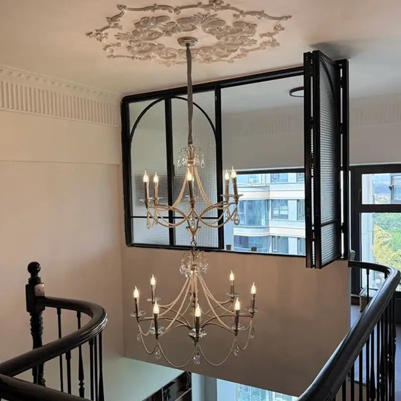 French retro pearl crystal chandelier antique brass dining room
