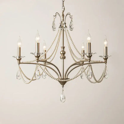 French retro pearl crystal chandelier antique brass dining room