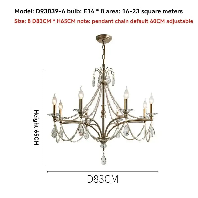 French retro pearl crystal chandelier antique brass dining room