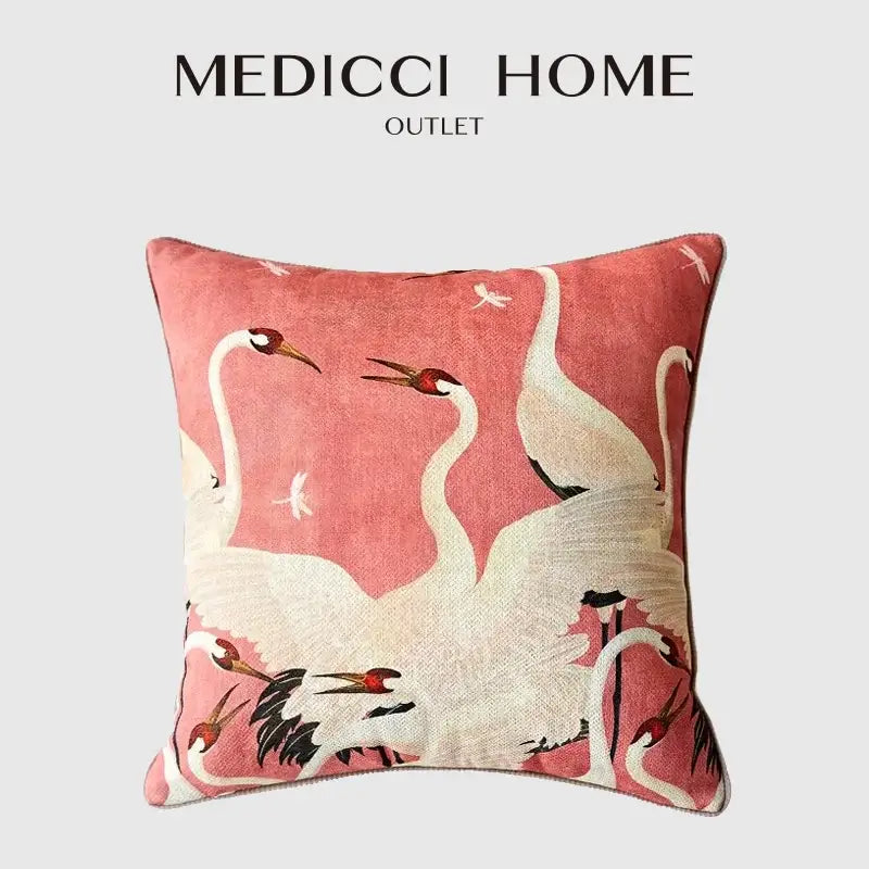 French retro pink velvet crane decorative cushion cover living room