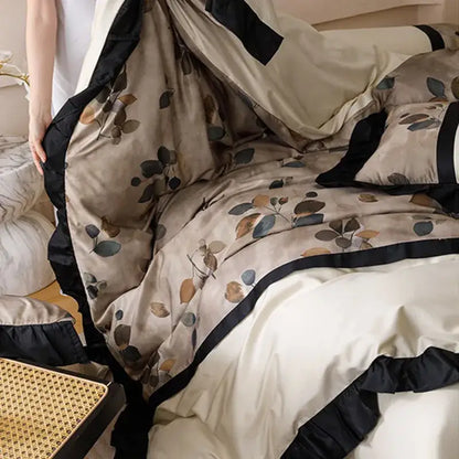 French retro rayon beige & black leaf bedding set bedroom duvet cover
