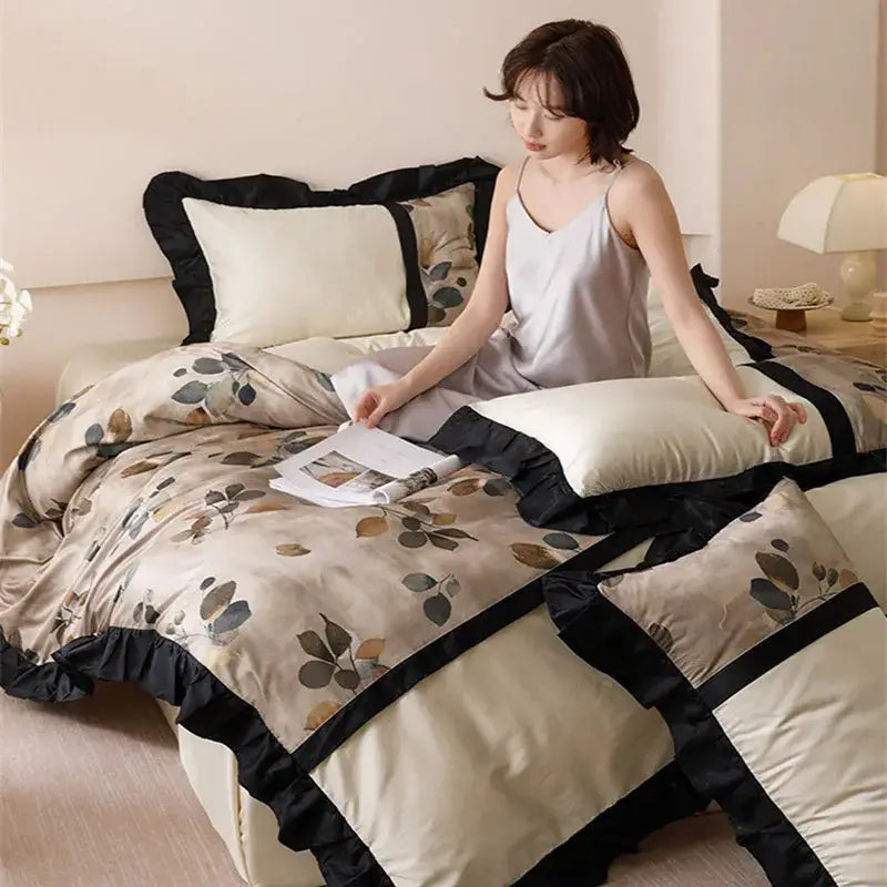 French retro rayon beige & black leaf bedding set bedroom duvet cover