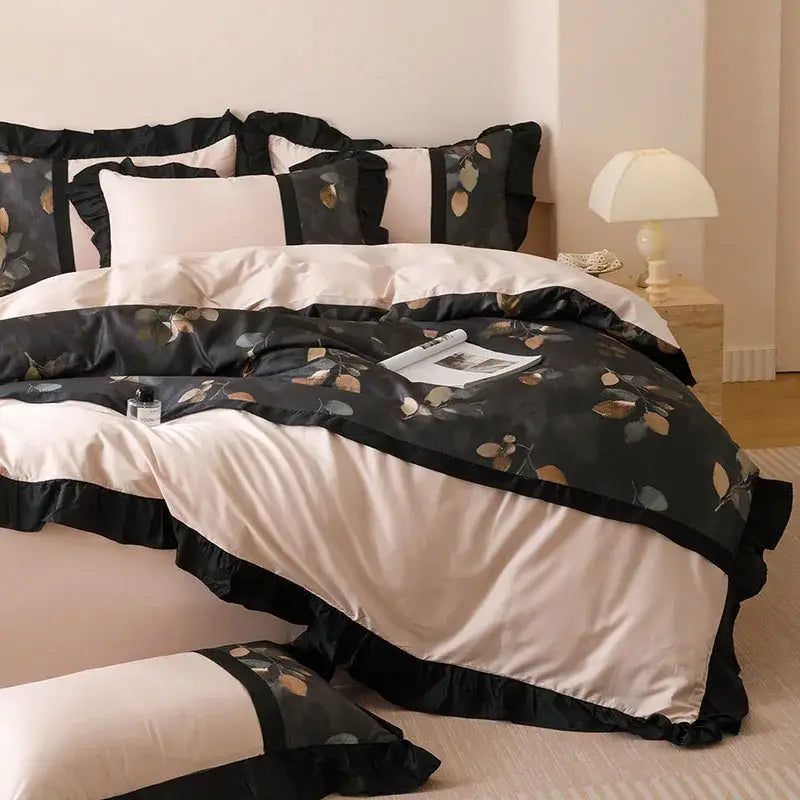 French retro rayon beige & black leaf bedding set bedroom duvet cover