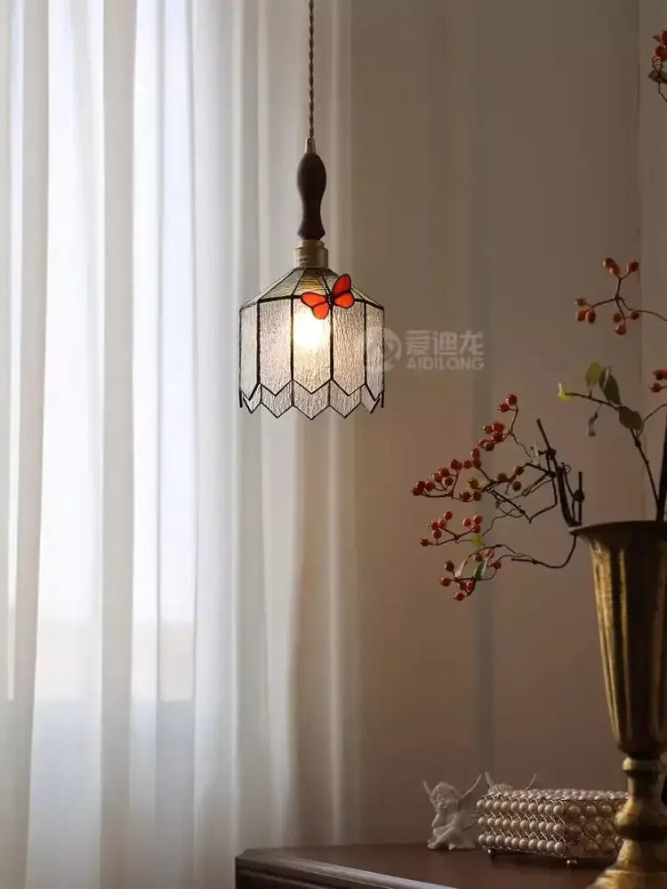 French retro stained glass butterfly chandelier bedroom light