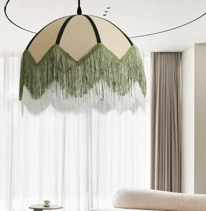 French retro style woven fabric fringed pendant lamp bedroom light