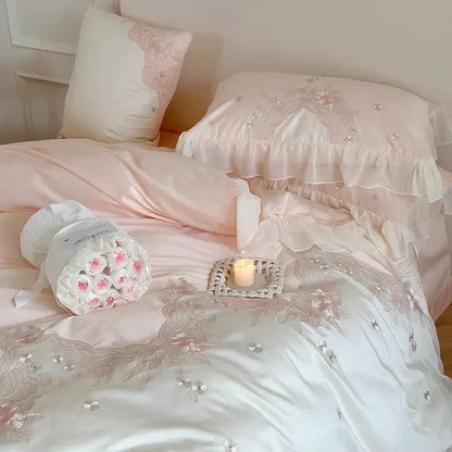 French romantic pink & blue lace ruffles bedding set bedroom floral