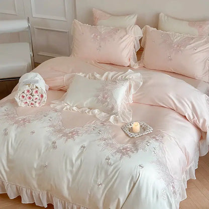 French romantic pink & blue lace ruffles bedding set bedroom floral