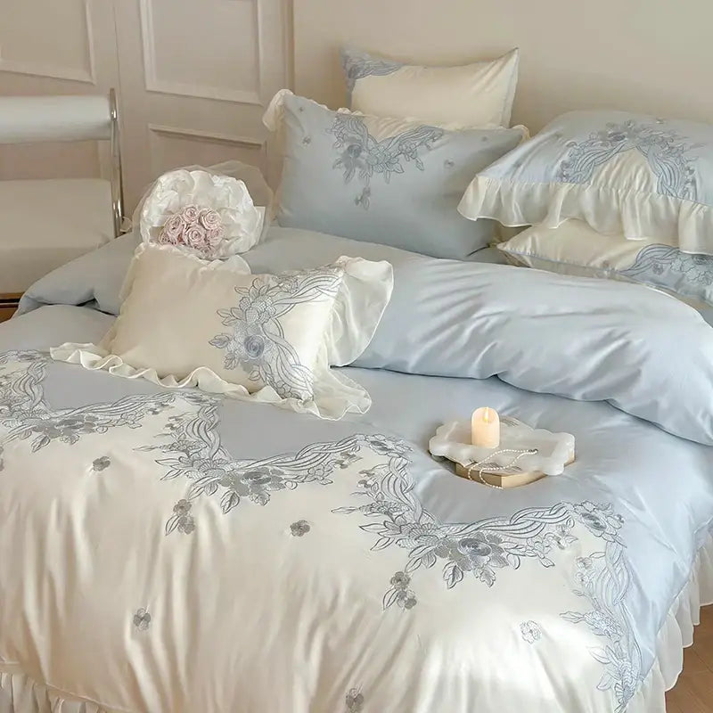 French romantic pink & blue lace ruffles bedding set bedroom floral