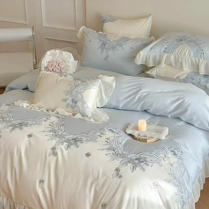 French romantic pink & blue lace ruffles bedding set bedroom floral