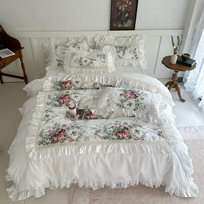 French rose flowers bedding set – bedroom cream ruffled cotton lace