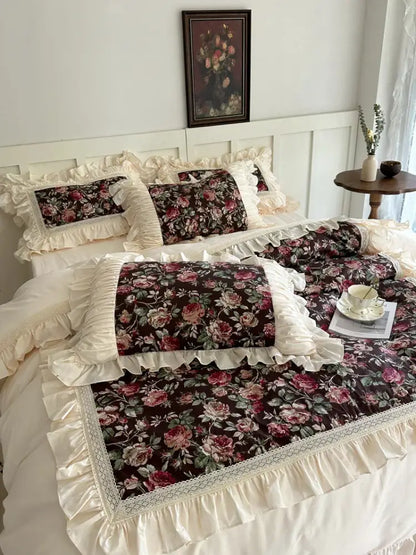 DecorBites™ French Rose Flowers Pattern Bedding Set, 100% Cotton, Ruffles, Duvet Cover, Bed Skirt