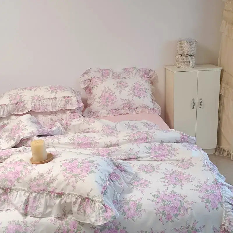 French rose flowers print ruffled cotton bedding set bedroom