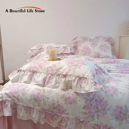French rose flowers print ruffled cotton bedding set bedroom