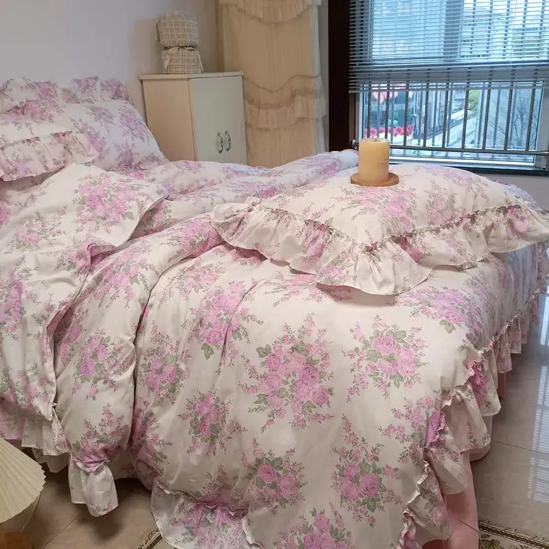 French rose flowers print ruffled cotton bedding set bedroom