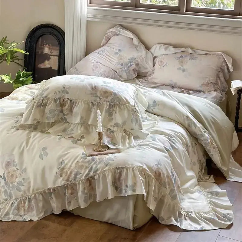 French rose flowers ruffled bedding set bedroom decor