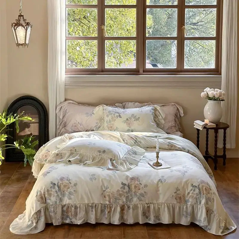 French rose flowers ruffled bedding set bedroom decor