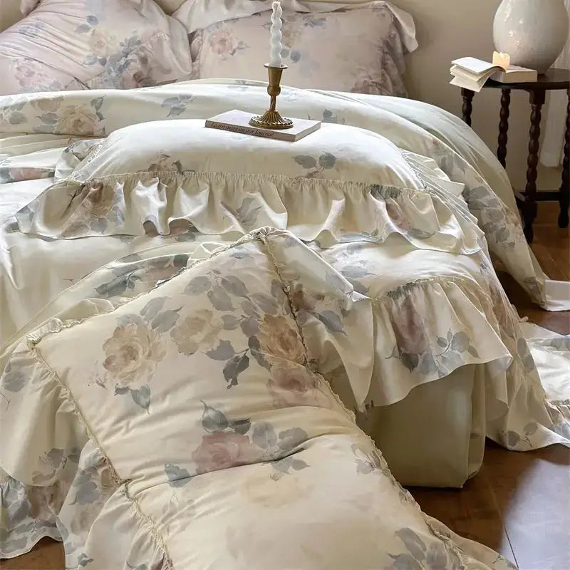 French rose flowers ruffled bedding set bedroom decor