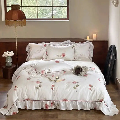 French rose flowers ruffled bedding set bedroom decor