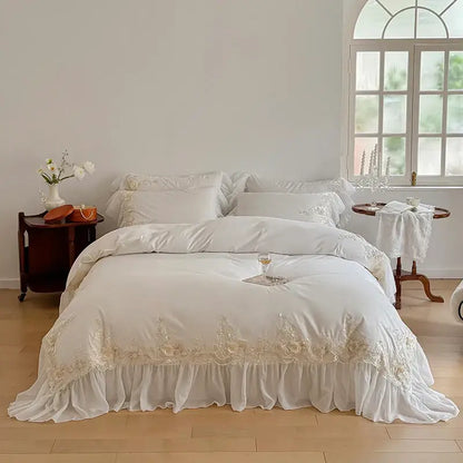 French rose flowers white satin lace bedding set bedroom ruffles