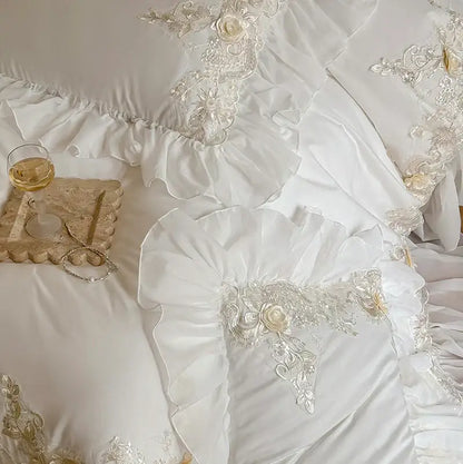 French rose flowers white satin lace bedding set bedroom ruffles