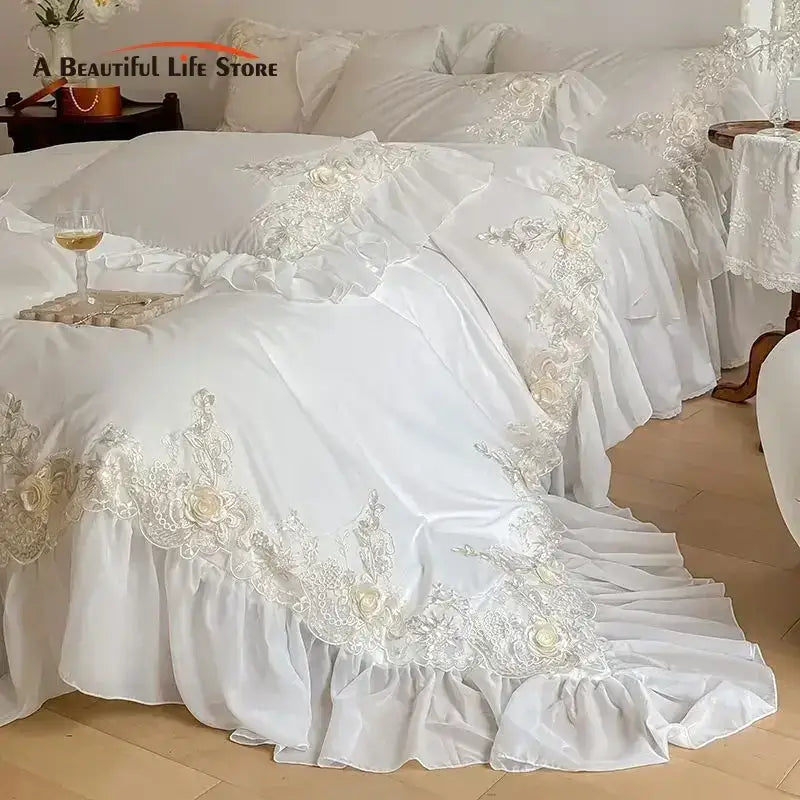 French rose flowers white satin lace bedding set bedroom ruffles