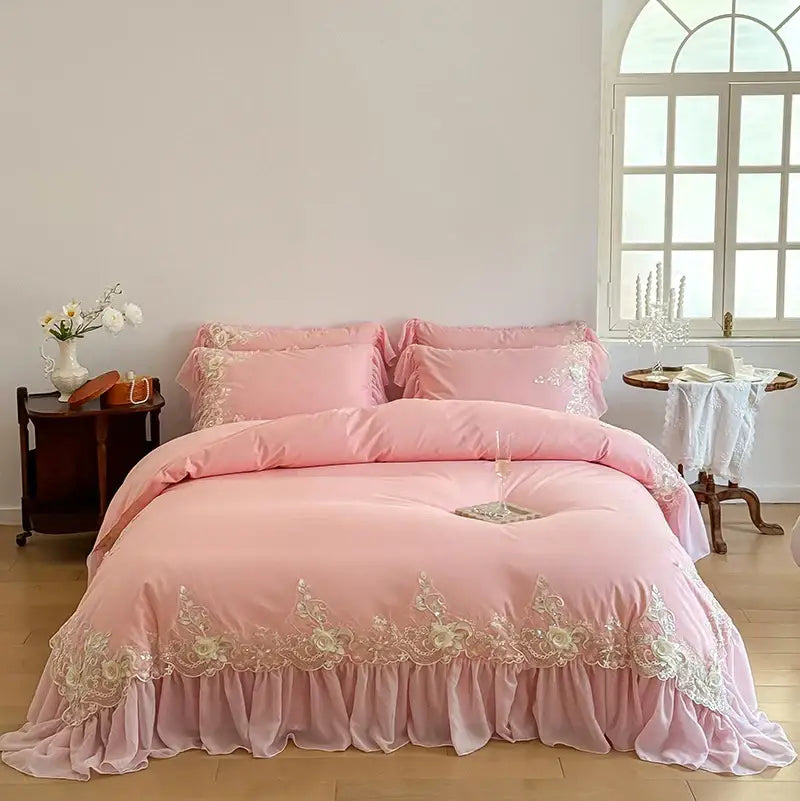 French rose flowers white satin lace bedding set bedroom ruffles
