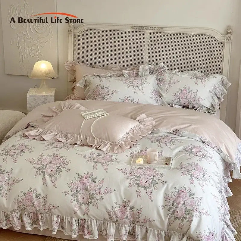 French rose lace pink & white bedding set – bedroom ruffles