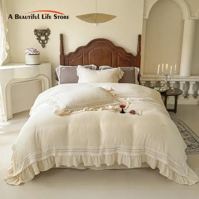 French ruffles cotton cream bedding set bedroom lace duvet cover