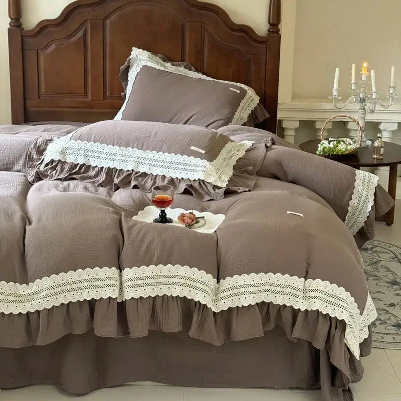 French ruffles cotton cream bedding set bedroom lace duvet cover